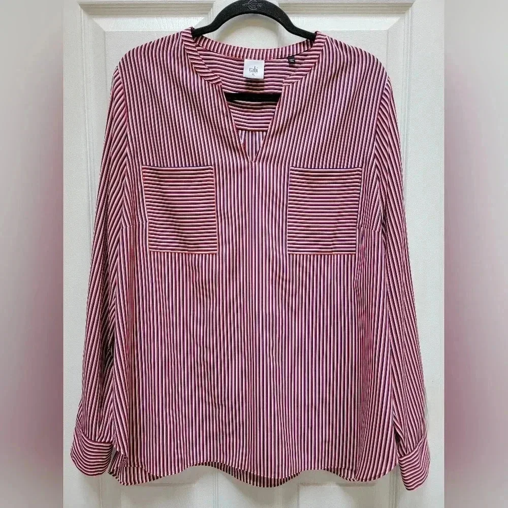 Cabi Franklin Striped Popover Long Sleeve V Neck Blouse Size Xl
